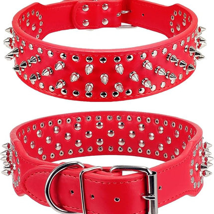 Hoot PU Leather Adjustable Spiked Studded Dog Collar 2" Wide 31 Spikes (S(Neck 17"-20"), Red)