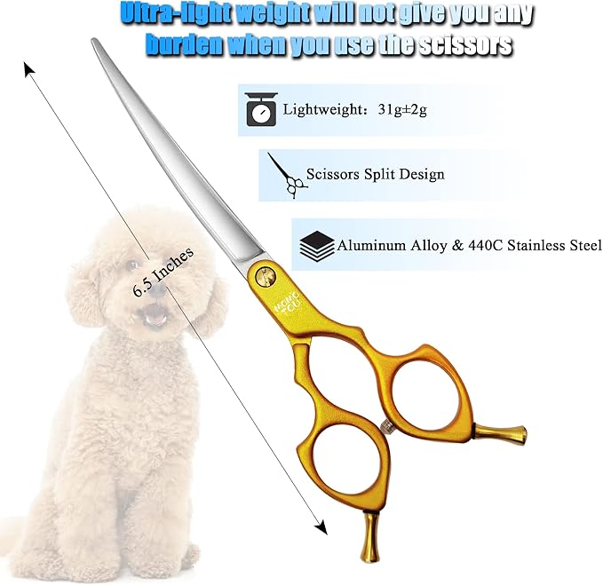 6.5'' Small Curved Dog Grooming Scissors Gold Professional Trimming Shears with Ultra-Lightweight Offset Handle 440C Stainless Steel Pet Scissors for Face and Paws