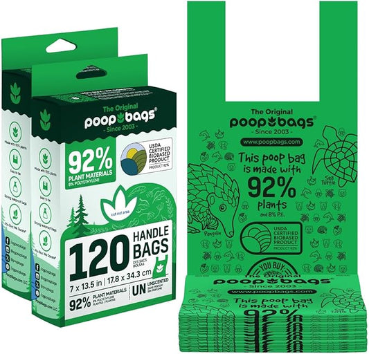 The Original Poop Bags® Tie-Handle Dog Waste Bags, 92% Plant-Based, USDA Certified, Heavy Duty, Large (240 Count (Pack of 2))