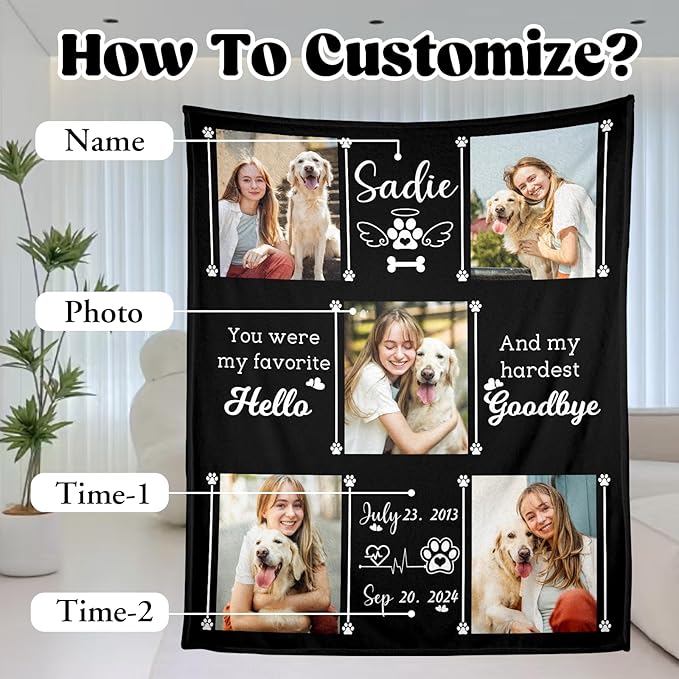Ship Next Day,Pet Memorial Blanket Gift - Print in USA,Personalized Dog Memorial Blanket with Photo Name, Pet Sympathy Gifts for Dogs Lovers, Custom Loss of Dog Blankets, Remembrance Bereavement Gifts