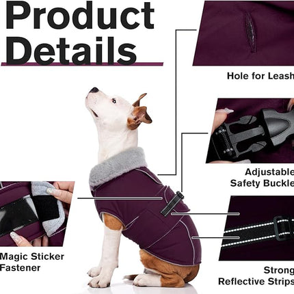 Lelepet Warm Dog Coat Waterproof Dog Jacket for Medium Dogs Reflective Fleece Vest with Adjustable Buckle Hook & Loop Windproof Cold Weather Coats for Small Medium Large Dogs, Dark Purple, M