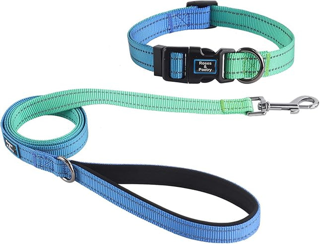 Roses&Poetry Bluegreen Small Dog Collar and Leash Set, Puppy Reflective Leashes with Collars, Adjustable Durable Matching Collar Leash for Small Dogs Girl (Bluegreen-S)