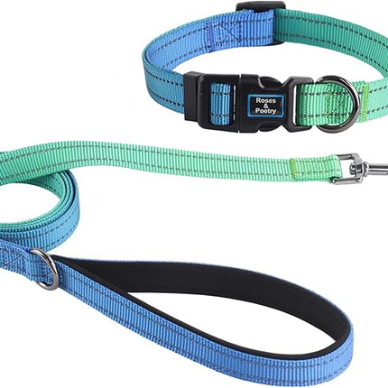 Roses&Poetry Bluegreen Medium Dog Collar and Leash Set, Puppy Reflective Leashes with Collars, Adjustable Durable Matching Collar Leash for Medium Dogs Girl (Bluegreen-M)