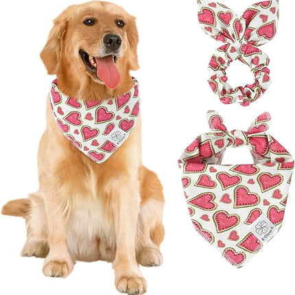E-Clover Pink Watermelon Dog Bandanas & Matching Scrunchie Set Cute Heart Dog Scarf Bibs Pet Bandana with Bow Tie for Medium Large Dogs Owner Mom Spring Summer