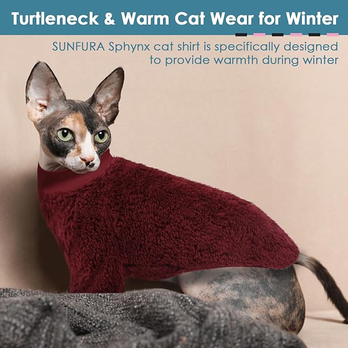 SUNFURA Sphynx Cat Sweater, Hairless Cats Turtleneck Pullover Kitten Sweaters for Cats Only, Warm and Soft Cat Pajamas Shirt with Sleeves Pet Winter Clothes Fleece Jumpsuit for Puppy, Burgundy S