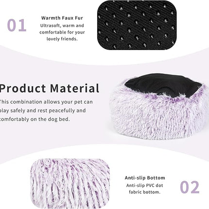 Dog Bed Medium Size 23 Inch Anti-Anxiety Donut Dog Cuddler Bed, Gradient Purple Fluffy Faux Fur Plush