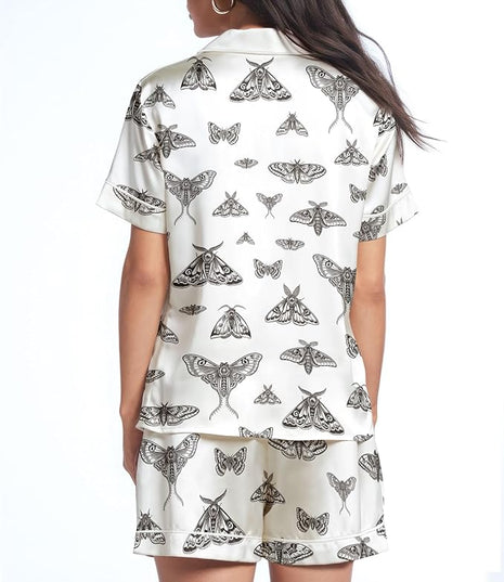 Women’s Silk Satin Pajama Set, Short Sleeve Button Down 2 Piece PJs with Shorts, Cozy Loungewear & Matching Holiday Pajamas