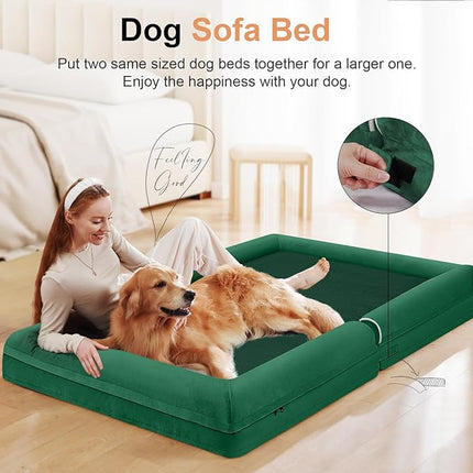 Large Dog Bed Orthopedic Washable: Beds Bolster XL Bed Big XLarge Dogs Egg Crate Foam Couch Sofa Waterproof with Removable Cover - Emerald