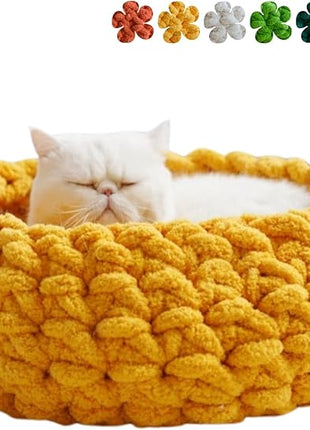 Cat Nest Bed – Premium Handwoven Washable Extra Soft Round Cave House Furniture for Indoor Kitten (Persimmon Yellow,Large)
