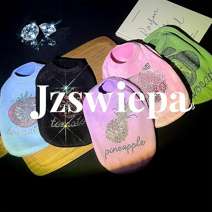 Washed Cotton Pet Vest with Rhinestone Fruit Designs, Soft & Stylish Small Dog Cat Vest for Spring Summer, Breathable & Shiny (Purple-Pineapple, Medium)