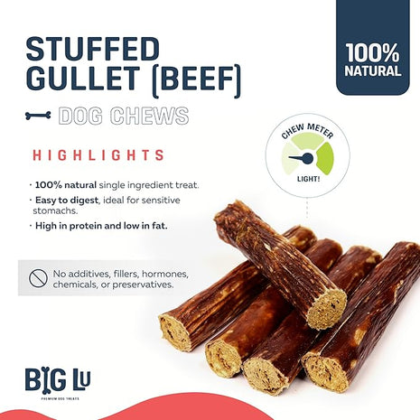 Big Lu - 6-Inch Stuffed Gullet Sticks, 20 Count, Premium Beef Dog Treats, All-Natural, High-Protein, Easily Digestible Chews for Dogs, Supports Dental Health and Joint Mobility