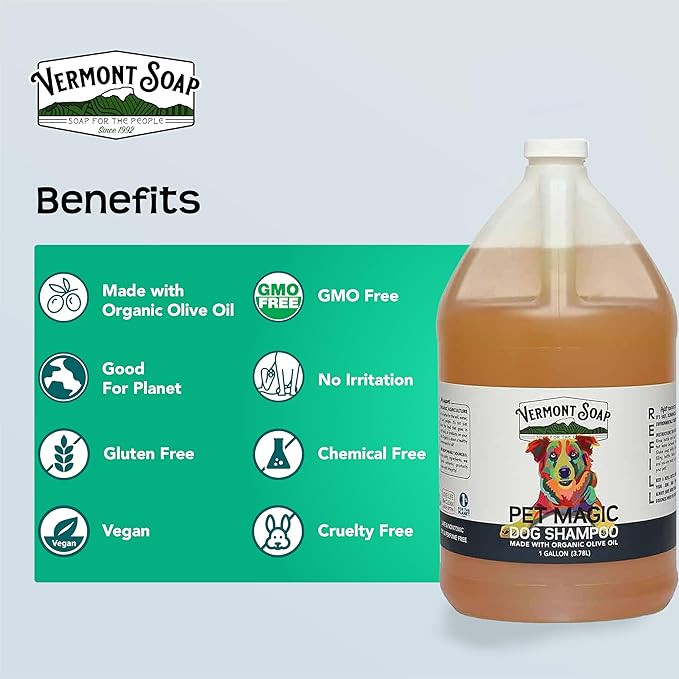 Vermont Soap Organics Pet Shampoo - Organic & Natural Olive Oil, Coconut & Aloe Vera Dog Shampoo for Sensitive Skin - USDA Certified Grooming Pet Shampoo - Original Citrus (128oz)