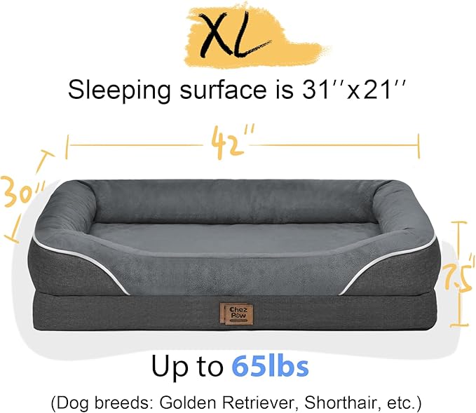 Washable Orthopedic Large Dog Bed - Removable Orthopedic Foam Dogs Beds with Bolsters Waterproof Large Dog Bed and Non-Slip Bottom Extra Large Dogs Beds Sofa