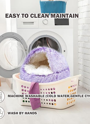 Cat Bed for Indoor Cats, Calming Cozy Cave with Self-Warming Plush, Entire Bed Machine Washable & Anti-Slip Base, Breathable Pet Bed for Small Cats&Dogs All Seasons (Purple, 20 * 20inch)