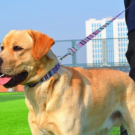 Dog Collar and Leash Set with Bohemia Floral Tribal Geometric Patterns - Soft Ethnic Style Collar Adjustable for Small Medium Large Dogs(Bohemian Purple Set,L)