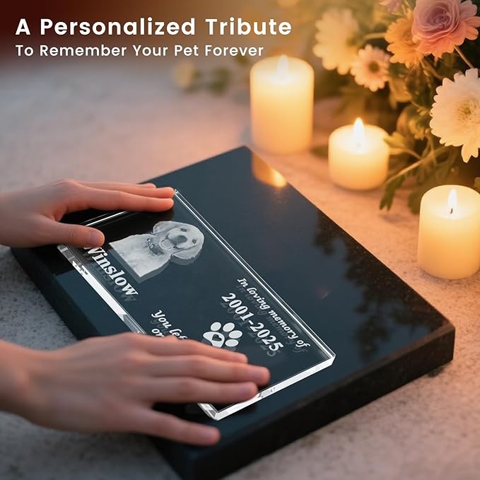 Crystal Pet Memorial Stone, Custom Laser Engraved Photo Remembrance Block with Gift Box, Pet Loss Sympathy Gift