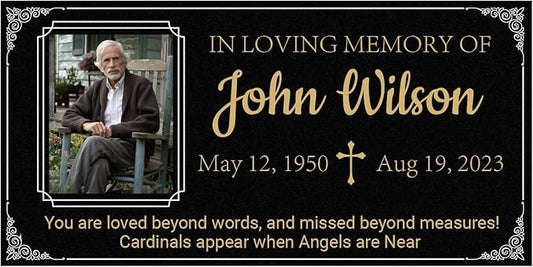 HDSD 12x6'' Personalized Pet Memorial Stones Black Granite Headstones for Dogs Laser Engraved with Photo (Gold Font + Photo Tile)