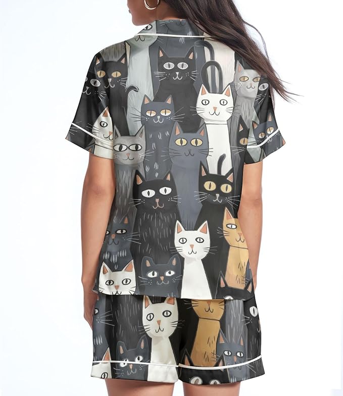 Women’s Silk Satin Pajama Set, Short Sleeve Button Down 2 Piece PJs with Shorts, Cozy Loungewear & Matching Holiday Pajamas