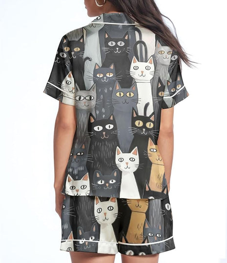 Women’s Silk Satin Pajama Set, Short Sleeve Button Down 2 Piece PJs with Shorts, Cozy Loungewear & Matching Holiday Pajamas