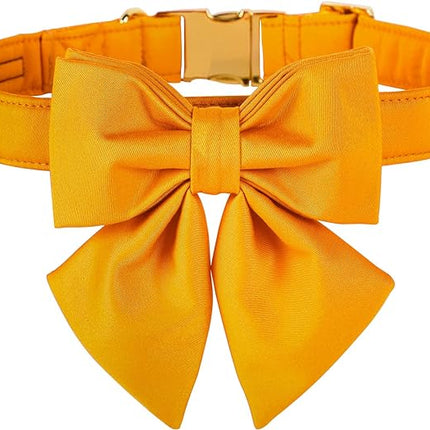 Maca Bates Mango Yellow Dog Collar with Cute Solid Sailor Bow Tie for Medium Girl Boy Dogs,Adjustbale Durable Breakaway Soft Collars with Bowtie for Female Male Puppy,Pet with Metal Buckle