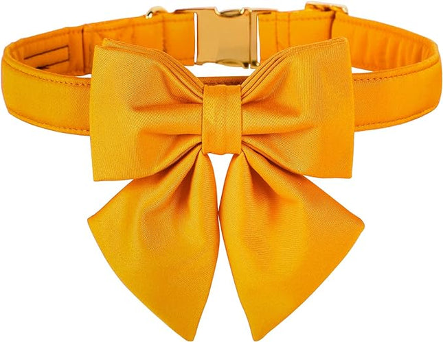 Maca Bates Mango Yellow Dog Collar with Cute Solid Sailor Bow Tie for Medium Girl Boy Dogs,Adjustbale Durable Breakaway Soft Collars with Bowtie for Female Male Puppy,Pet with Metal Buckle
