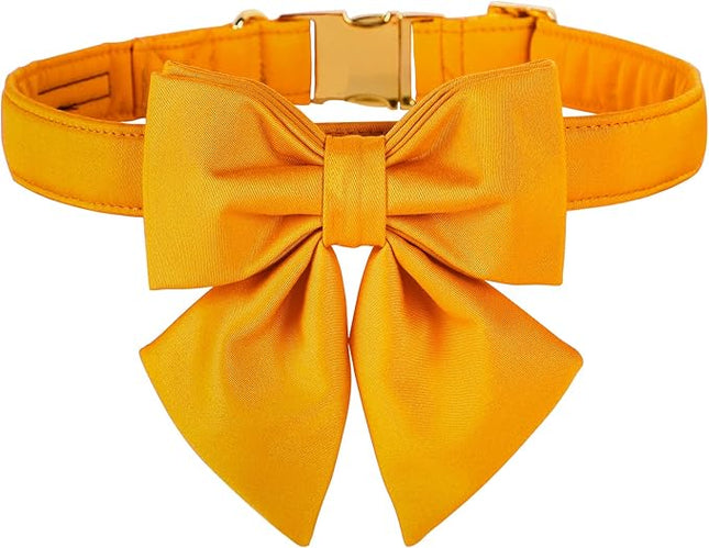 Maca Bates Mango Yellow Dog Collar with Cute Solid Sailor Bow Tie for Large Girl Boy Dogs,Adjustbale Durable Breakaway Soft Collars with Bowtie for Female Male Puppy,Pet with Metal Buckle