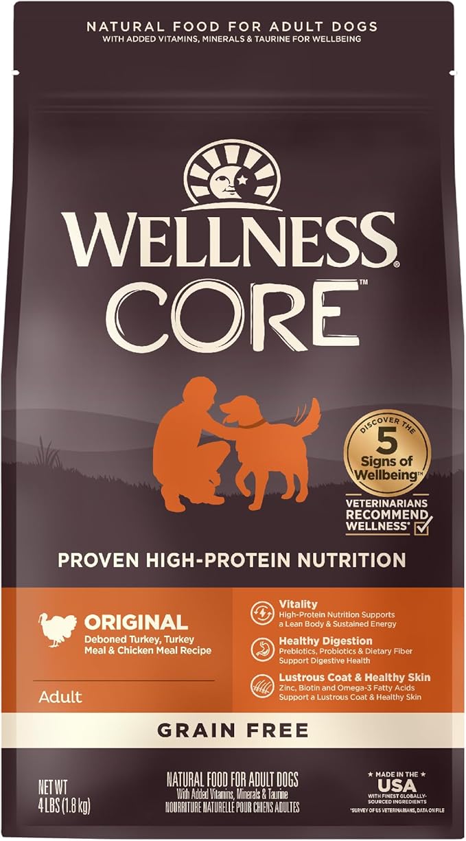 Wellness CORE Dry Dog Food, Grain-Free, High Protein, Natural, Original Turkey & Chicken Recipe, (4-Pound Bag)