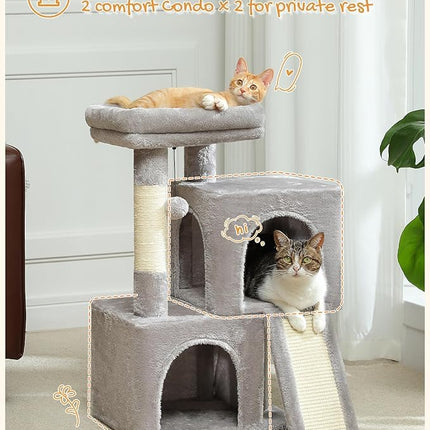 PAWZ Road Cat Tree, 30 Inches Cat Tower with Dual Condos for Indoor Cats, Plush Cat House with Padded Perch, Scratching Ramp and Posts and Replaceable Balls-Gray