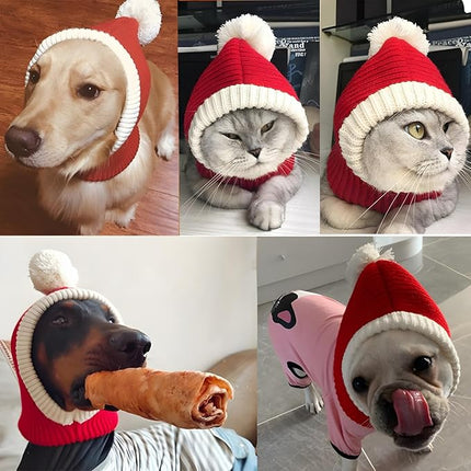 Hotumn Funny Winter Dog & Cat Beanies Cap with Pompon, Red, Medium, Wool, Acrylic/Cotton, Christmas, Solid, Not Water Resistant, Unisex, Pull On, Winter, Pet Hats, Dog Hat
