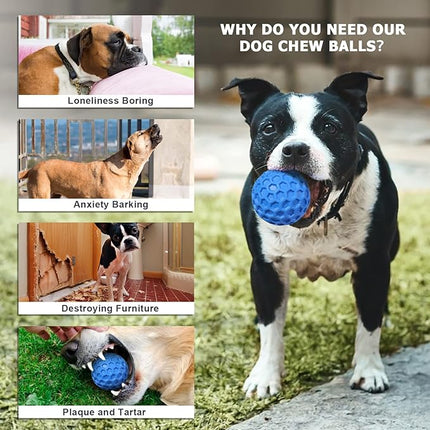 Squeaky Dog Balls, Indestructible Dog Toys for Aggressive Chewers Large/Medium Breed, Natural Rubber Interactive Chew Toys for Teeth Clean, Relieves Anxiety (Blue)