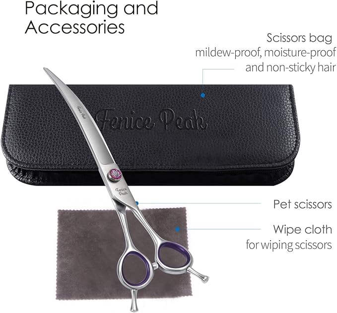 Fenice Peak 8'' Curved Dog Grooming Scissors Professional 440C Stainless Steel Pet Trimming Shears with Decorative Screw and Offset Handle Sharp and Durable