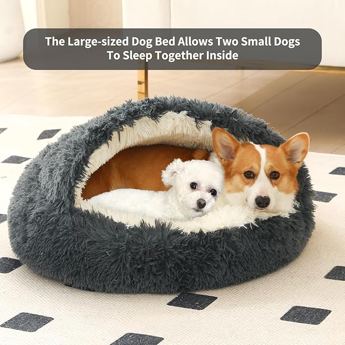 Dog Bed Round Hooded Plush Cat Cave Self Warming Pet Bed Donut Anti Anxiety Fluffy Pet Bed for Puppy and Kitty