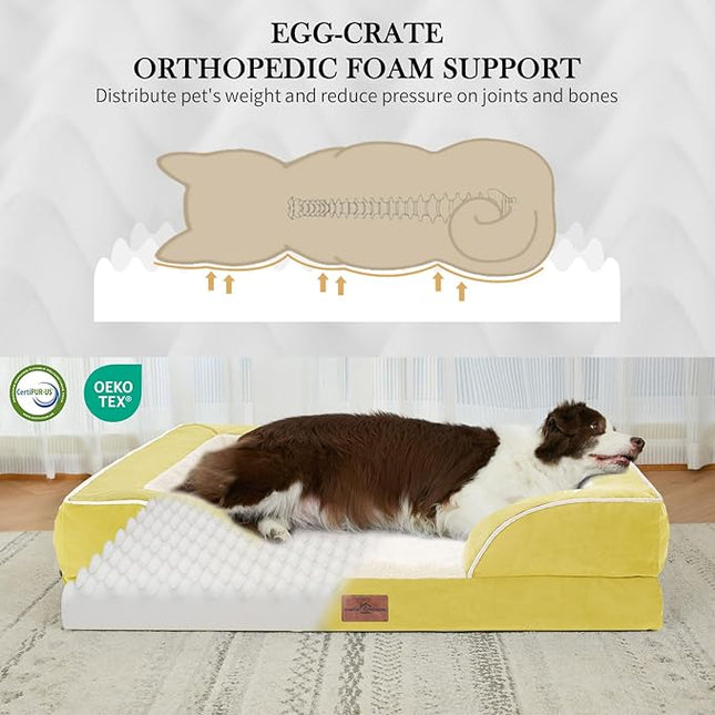 Comfort Expression Orthopedic Dog Bed for Large Dogs 38x25 Inch, Waterproof Egg Crate Foam Large Pet Bed with Removable Bolsters, Dog Couch with Washable Cover & Non-Slip Bottom, Spicy Mustard