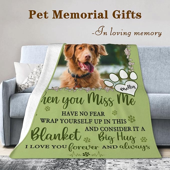 Custom Pet Memorial Blanket with Photo,Personalized Dog/Cat Loss Sympathy Gift,Pet Loss Bereavement Remembrance Gifts,Flannel Throw Blanket with Pictures (Light Green)