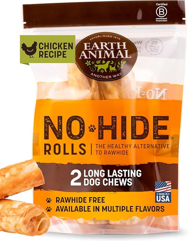 Earth Animal No Hide Chews - Long Lasting Rawhide Free Medium Dog Chews Rolls, Chicken - 2 Count