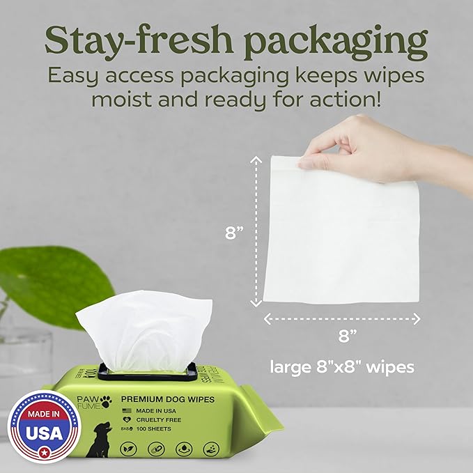 Paw Fume Dog Wipes 2 x 100 Count, Pet Wipes – Hypoallergenic & Gentle Dog Wipes for Eyes, Face, Butt, and Paws – Cleaning & Deodorizing, Grooming Tear Stain Wipes for Puppy, Adult Dogs & Cats