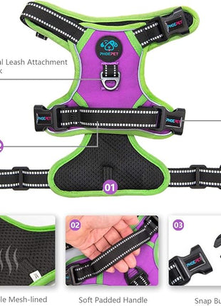 PHOEPET 2019 Upgraded No Pull Dog Harness, Reflective Adjustable Vest, with a Training Handle + 2 Metal Leash Hooks+ 3 Snap Buckles +4 Slide Buckles(S, Purple)