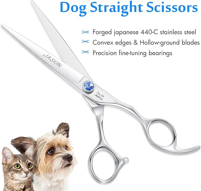 JASON 7" Straight Dog Grooming Scissors, Ergonomic Pets Grooming Shears, Premium Cats Trimming Kit with Offset Handle and Jewelled Screw, Sharp, Comfortable