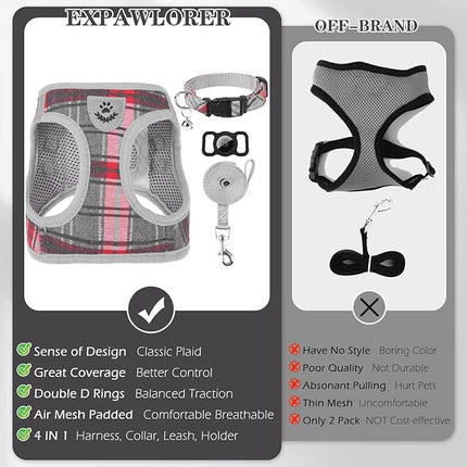 EXPAWLORER Classic Plaid Puppy Harness - Small Dog Harness and Leash Set - Dog Collar and Leash Set with AirTag Holder, Soft Padded Step in Dog Vest Harness No Pull Reflective for Outdoor, Grey XXS