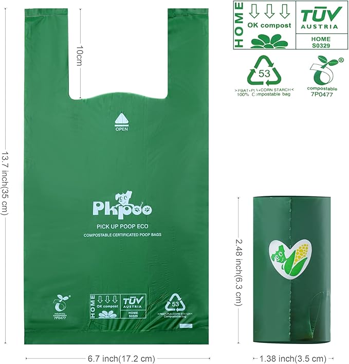 Pkpoo 100% Compostable Dog Poop Bags with Handles, Extra Wide, Vegetable-Based Large Poop Bags for Dogs, Biodegradable Waste Bags for Poo, Cat Litter, Diaper Sacks, Unscented, 180 Counts