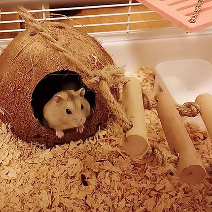 Bird Hides Coconut Nest with Wood Ladder,Syrian Hamster Cage Hanging Natural Coco Shell Hut Hide Toy with Wooden Bridge,Hollow Hideaway Toys for Small Animal Rat Lovebird Finches