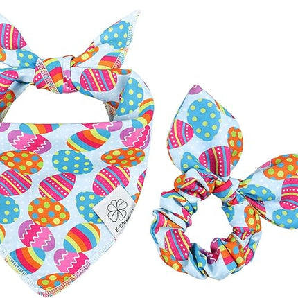 E-Clover Easter Dog Bandana & Matching Scrunchie Set Egg Dog Bandanas Scarf with Bunny Hair Tie for Medium Large Dogs & Pet Owner Mom Gift