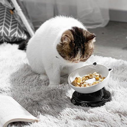 Y YHY Ceramic Cat Slow Feeder, Elevated Dog Food Bowl Tilted Design, Slow Feeder Bowl no Black Chin, Cat Shape for Dry and Wet Food