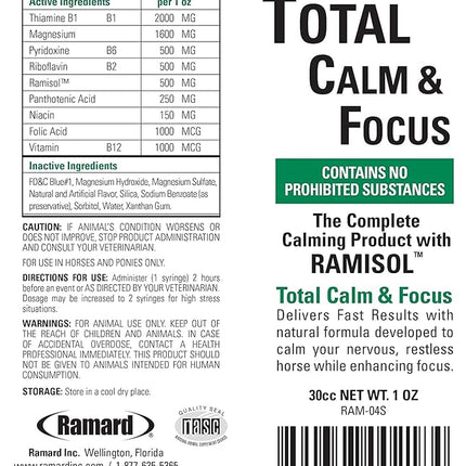 Ramard Total Calm and Focus for Horses Supplement - Magnesium & Calming Formula for Horse Show, Training, Performance Mental Alertness Without Drowsiness, Show Safe, Equine Supplies 1oz Syringe 3Packs