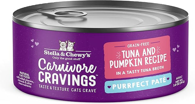 Stella & Chewy's Carnivore Cravings Purrfect Paté - Premium Grain-Free Wet Cat Food - Tuna & Pumpkin Recipe - High Protein with Bone Broth - Perfect for Picky Eaters - 2.8oz Cans (24 Pack)