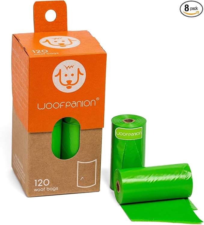 Woofpanion Improved Dog Poop Bags - Extra Strong Leak Proof Waste Bags Made from Recycled Plastic Unscented Refill Rolls for Easy Cleanup 8 rolls | 120 bags