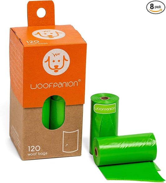 Woofpanion Improved Dog Poop Bags - Extra Strong Leak Proof Waste Bags Made from Recycled Plastic Unscented Refill Rolls for Easy Cleanup 8 rolls | 120 bags