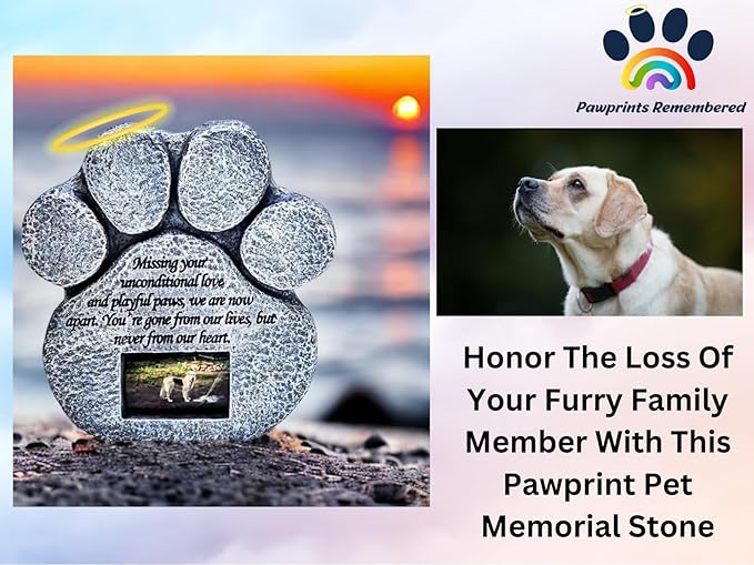 Pet Memorial Stone - Features a Paw Print Photo Frame and Sympathy Poem - Indoor Outdoor for Garden Backyard Marker Grave Tombstone - Loss of Pet Gift - Loss of Dog Gift
