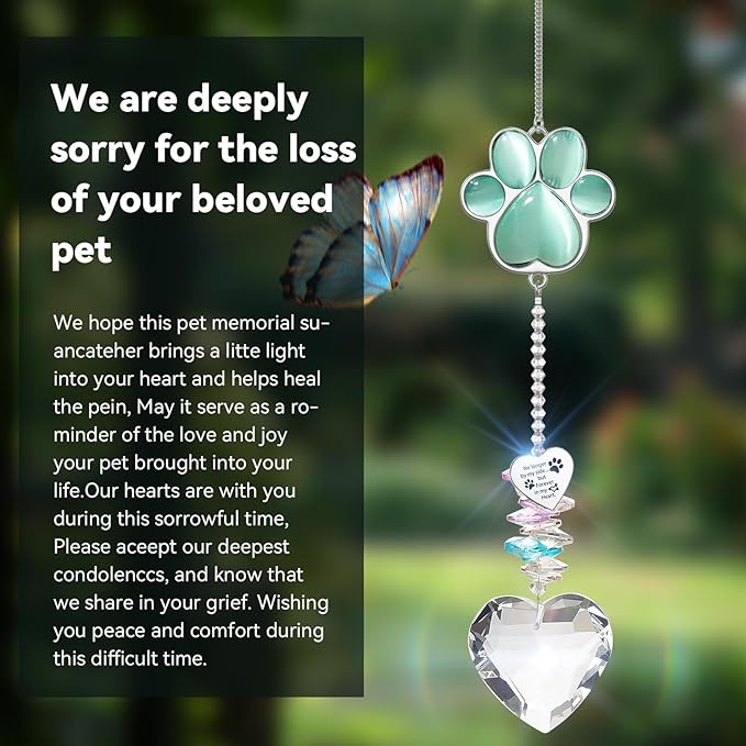 Pet Memorial Suncatcher - Loss of Dog Sympathy Gift, Pet Memorial Gifts for Dogs, Thoughtful Dogs and Cats Bereavement Remembrance Gifts, Gemstone Paw Crystal Suncatcher(Jade)