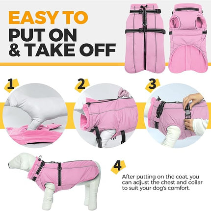 Lelepet Dog Coat with Harness Built in, Waterproof Dog Jacket for Large Dogs Reflective Winter Jacket with Zip Warm Cold Weather Coats for Dogs, Cozy Turtleneck Pet Snowsuit, Great Dane, Pink, 3XL